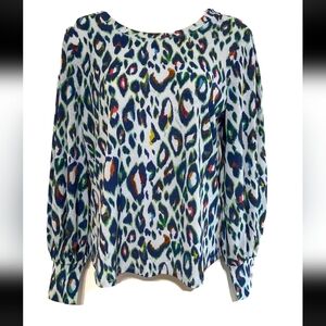 Nine Wes top blue orange green geometric pleated long sleeve Size XL.